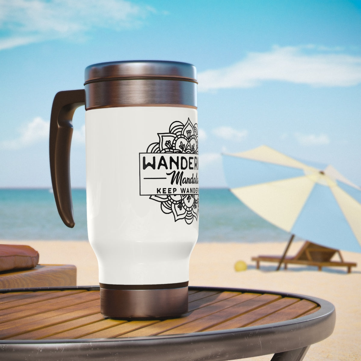 Wandering Mandala Stainless Steel Travel Mug with Handle, 14oz